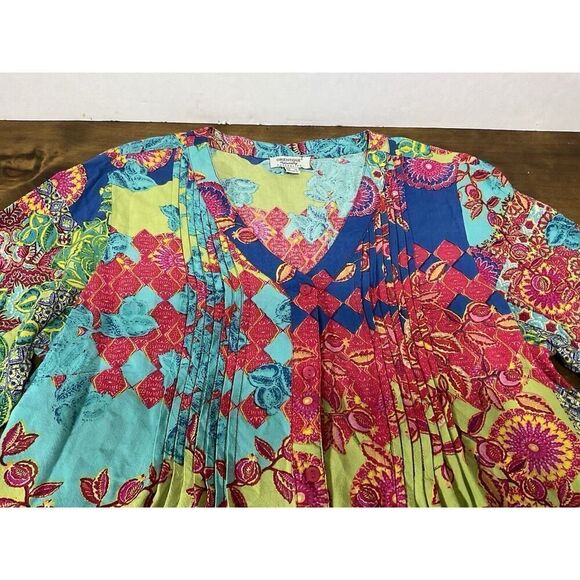 Orientique naturally Australian Pleated Patchwork Button Down Tunic Pockets L - Picture 3 of 11